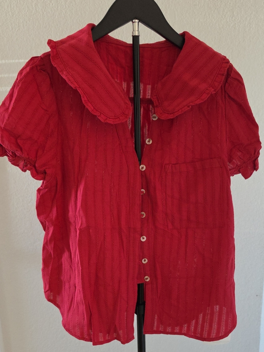 Red Button-Front Women's Blouse with Ruffled Peter Pan Collar